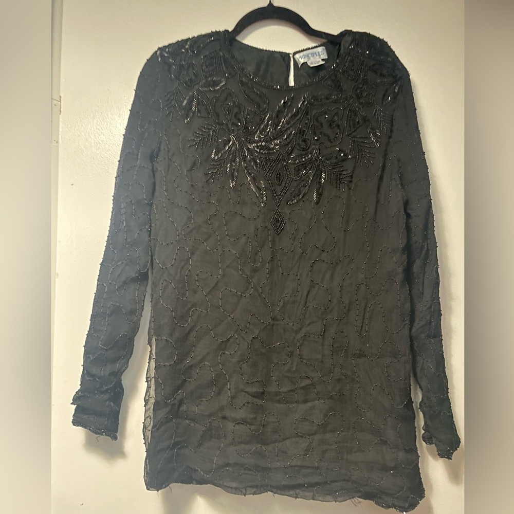 Chic Vintage Black Beaded Women's Blouse